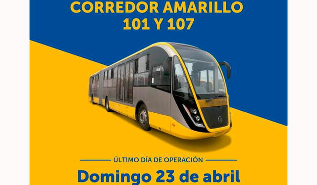  El corredor amarillo dejará de circular a partir de este lunes 24 de abril. Foto: ATU   