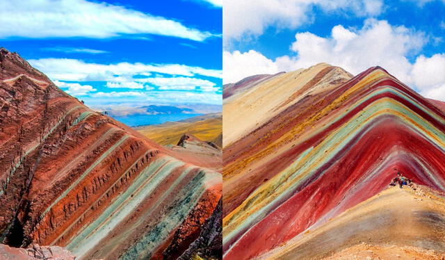  Los colores presentes en ambas montañas se deben a los sedimentos marinos, lacustres y fluviales transportados por el agua que antes cubrían las zonas. Foto: Mapi Perú Travel Agency/Infobae   