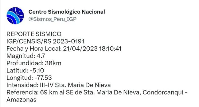  Sismo en Amazonas. Foto: IGP    