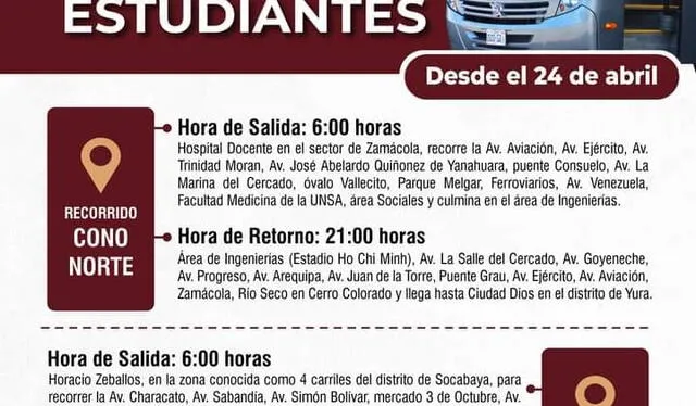  Servicio de transporte iniciará este lunes 24 de abril. Foto: UNSA/difusión   