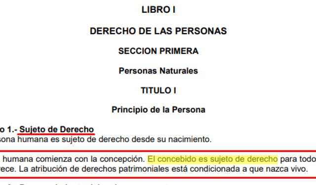 Artículo 1 del actual Código Civil peruano en el que se detalla que el concebido es sujeto de derecho. Foto: captura de MIMP   