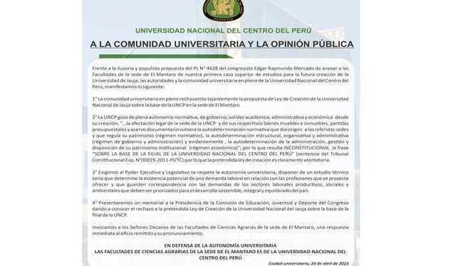  Comunicado. Foto: UNCP   