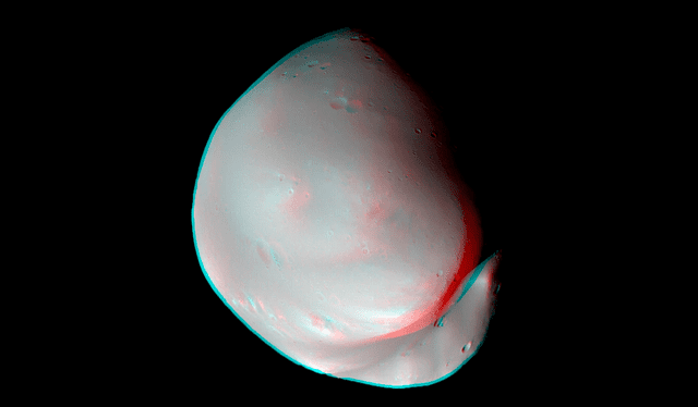  Hope captó imágenes estéreo de Deimos, como esta en 3D, que se ve mejor con anteojos anaglifo rojo-cian. Foto: Emirates Mars Mission    