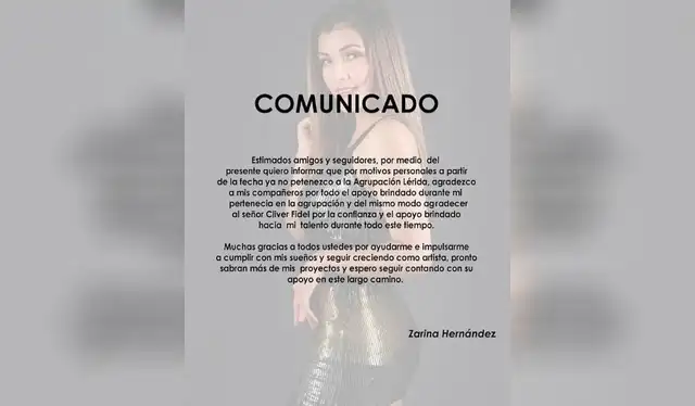 Comunicado de Zarina Hernández. Foto: captura/Zarina Hernández/Instagram   