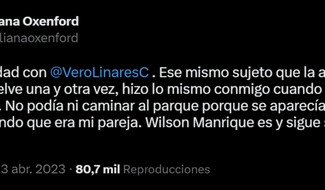  Juliana Oxenford habla de su caso de acoso. Foto: Twitter