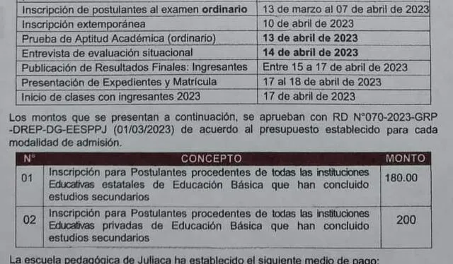  Cronograma para el examen de admisión de la Escuela de Educación Superior Pedagógica Pública de Juliaca. Foto: Fama TV/difusión   