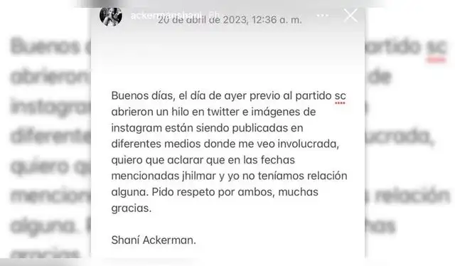 Shani Ackerman utilizó su cuenta para pronunciarse sobre el supuesto caso de infidelidad. Foto: composición LR/captura/Instagram Shani Ackerman utilizó su cuenta para pronunciarse sobre el supuesto caso de infidelidad. Foto: composición LR/captura/Instagram