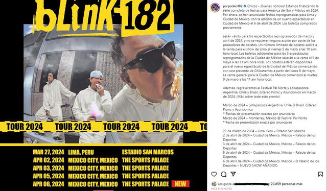  Blink-182 ofrecerá un concierto en el Estadio Nacional de Lima. Foto: Blink-182/Instagram   