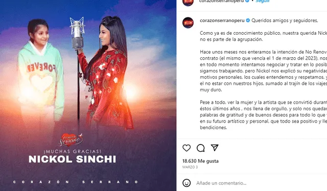 Corazón Serrano anuncia salida de Nickol Sinchi. Foto: captura de Instagram/@CorazónSerranoPerú   
