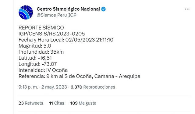  Información de sismo en Arequipa. Foto: captura de Centro Sismológico Nacional<br>   