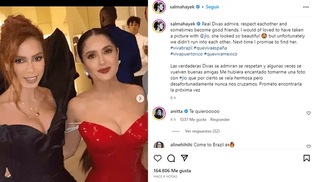  Salma Hayek dedica tierno mensaje a Anitta y Penélope. Foto: salmahayek / Instagram    