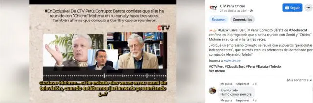 Captura de la publicación en Facebook en el que se presenta el audio recortado. Foto: captura de Facebook/CTV Perú Oficial   