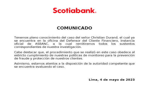  Comunicado de Scotiabank sobre el caso de Christian Durand. Foto: Scotiabank   