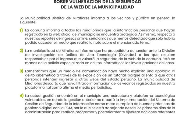  Comunicado de la Municipalidad de Miraflores sobre la filtración de datos personales de los ciudadanos miraflorinos. Foto: difusión<br>  