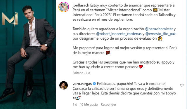  04/05/2023 | Publicación de Joel Farach tras ser anunciado Mister International Perú 2023. Foto: captura Joel Farach Instagram<br><br>  