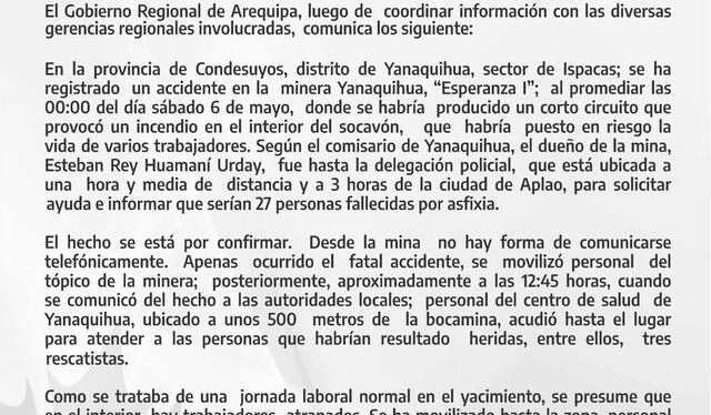  Comunicado oficial del Gobierno Regional de Arequipa. Foto: Gobierno Regional de Arequipa/difusión   