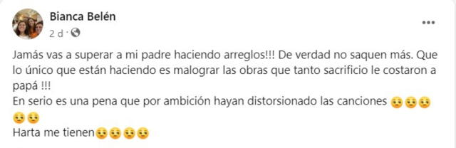  La heredera de Walter Lozada pide respeto para el trabajo de su padre. Foto: Facebook Bianca Belén.    