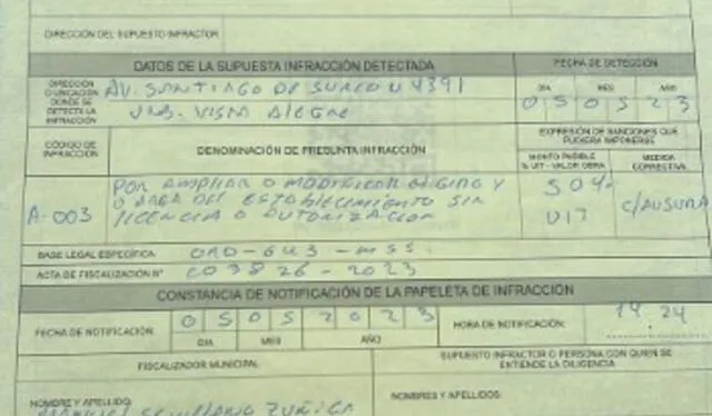 Papeleta de infracción impuesta por la Municipalidad de Surco. Foto: cortesía 