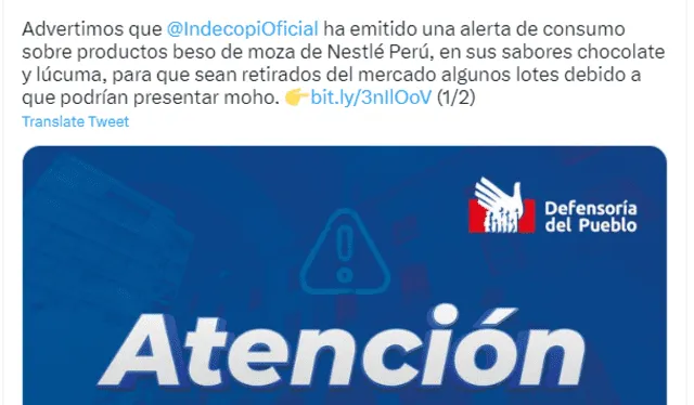  Defensoría del Pueblo alertó del retiro de presuntos lotes afectados. Foto: captura de Twitter/Defensoría del Pueblo<br>    