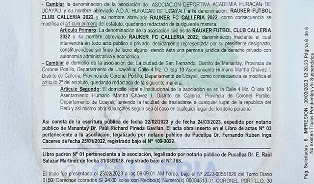 El documento que certifica el cambio de razón social de Huracán a Rauker FC. Foto: Ovación   
