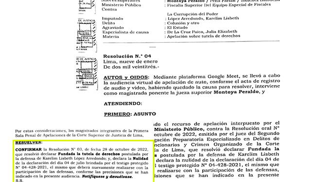 La resolución de la Sala de Apelaciones que dispone la anulación del testimonio de Zamir Villaverde que la Fiscalía recogió sin avisar a Karelim López. 