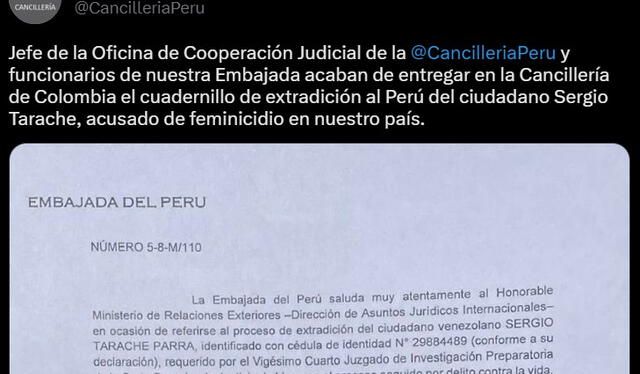 Este 12 de mayo la Cancillería de Colombia recibió el cuadernillo de extradición de Sergio Tarache al Perú. Foto: Twitter/Cancillería Perú    