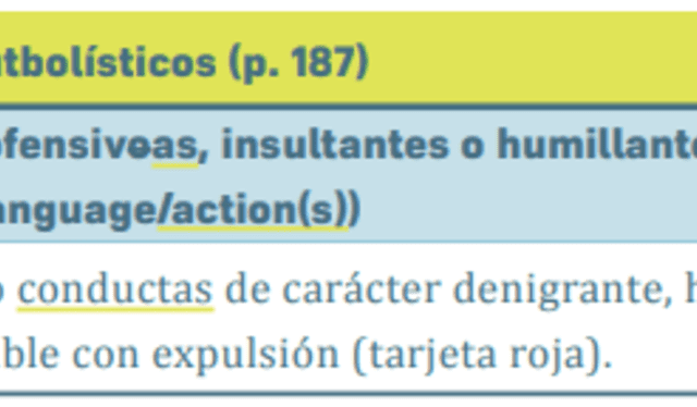 La explicación de aquello que es considerado como lenguaje y acciones ofensivas que ameritan una tarjeta roja. Foto: Captura Reglas de Juego 2021-22   