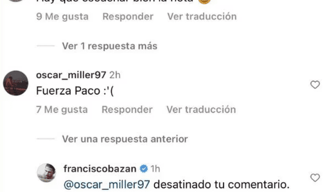  Paco Bazán responde a usuario. Foto: Instagram   