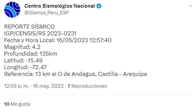  Comunicado de sismo en Arequipa. Foto: IGP    