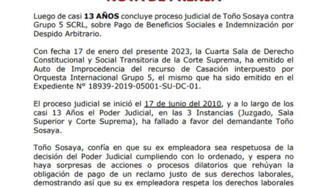 Toño Sosaya recibirá casi medio millón de soles tras ganar demanda contra el Grupo 5.   