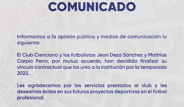  Comunicado del Club Cienciano. Foto: Cienciano/difusión   