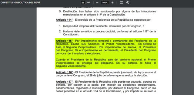  Artículo 115 de la Constitución Política del Perú. Foto: captura del documento.   