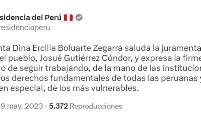 Tuit de la Presidencia del Perú. Foto: captura Twitter   