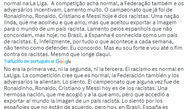  Mensaje de Vinícius Júnior. Foto: Twitter.   