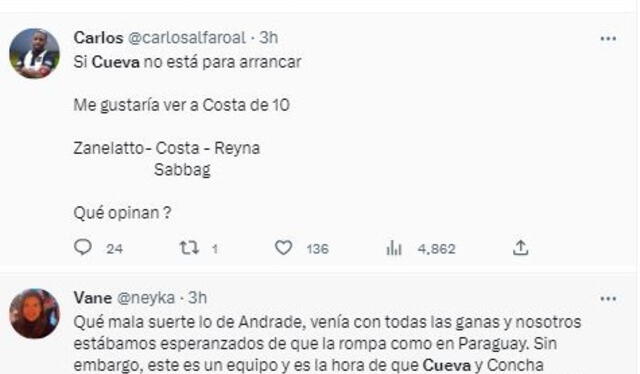 Comentarios de hinchas de Alianza Lima sobre Cueva.<strong> Foto: captura Twitter</strong>   