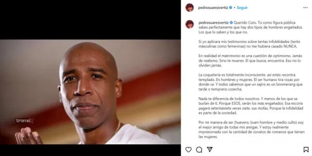  Pedro Suárez Vértiz emite un comunicado para 'Cuto' Guadalupe. Foto: captura de Instagram   