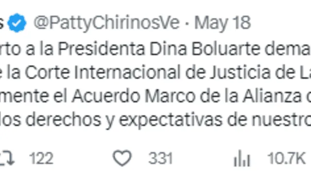  Patricia Chirinos considera que el Perú debe recurrir a la Corte Internacional de Justicia de la Haya. Foto: Twitter/ @PattyChirinosVe  