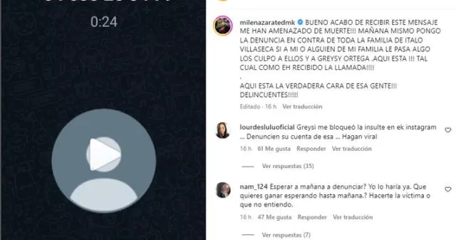 Milena Zárate acusa a su hermana Greissy y a su cuñado de recibir amenazas de muerte. Foto: Instagram   