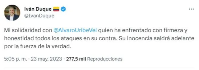 El expresidente Iván Duque le ofreció su apoyo a Álvaro Uribe. Foto: captura @IvanDuque/Twitter   