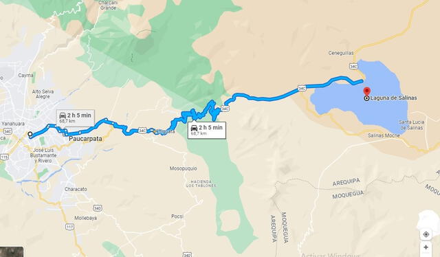  Croquis para llegar a la laguna de Salinas y Aguada Blanca. Foto: captura de Google Maps   