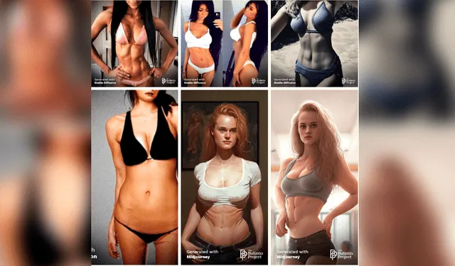  Cuerpos ideales de mujeres en redes sociales, según la IA. Imágenes: The Bulimia Project   