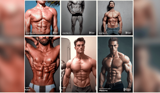  Cuerpos ideales de hombres en redes sociales, según la IA. Imágenes: The Bulimia Project   