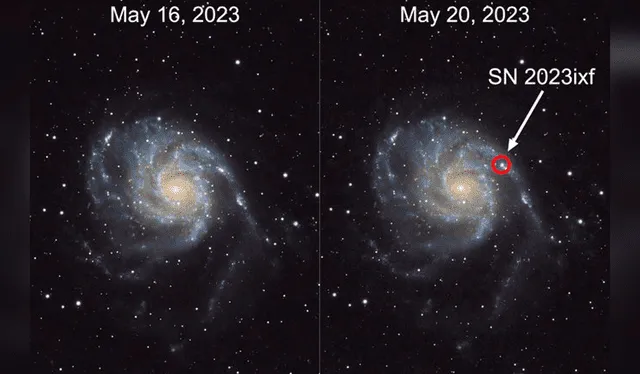  Galaxia M101 captada con un telescopio pequeño antes y después de la explosión de supernova. Fotos: Paul Macklin    