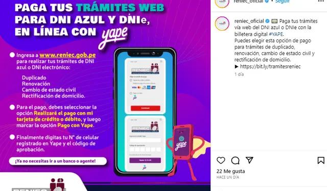 Pagar trámites web de DNI en Reniec con Yape. Foto: Reniec/Instagram    