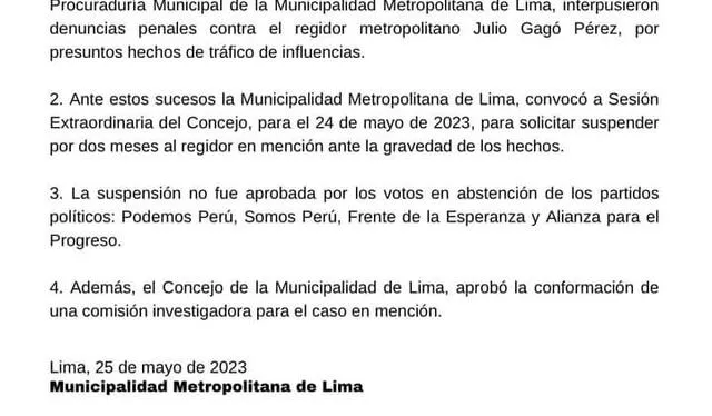  Comunicado de la Municipalidad de Lima respecto a regidor Julio Gagó. Foto: Twitter/@MuniLima<br><br>    