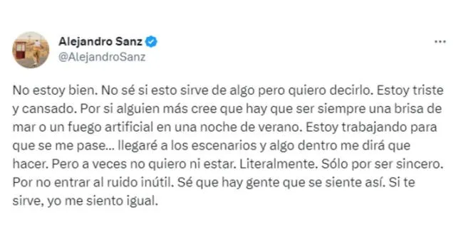 Mensaje de Alejandro Sanz sobre su salud emocional. Foto: captura de Twitter/@AlejandroSanz   