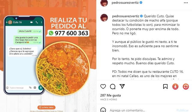   Pedro Suárez Vértiz apologizes to 'Cuto'.  Photo: capture/Instagram    