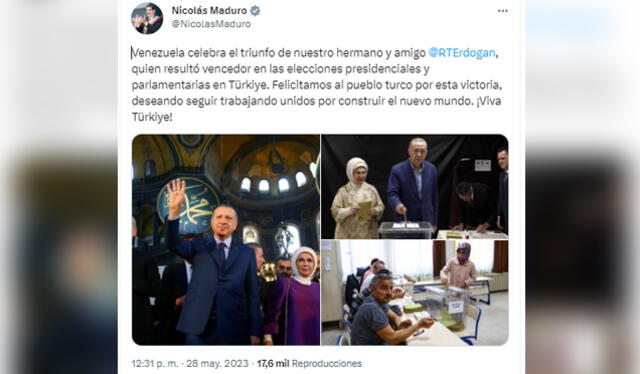 Maduro envió un tuit con un mensaje de congratulaciones a su homólogo turco Recep Tayyip Erdogan. Foto: captura Twitter/@NicolasMaduro    