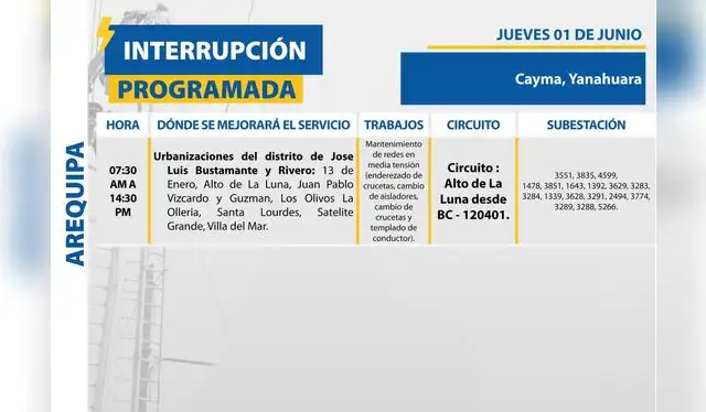 Comunicado de suspensión de servicio de luz eléctrico en Arequipa. Foto: SEAL Comunicado de suspensión de servicio de luz eléctrico en Arequipa. Foto: SEAL