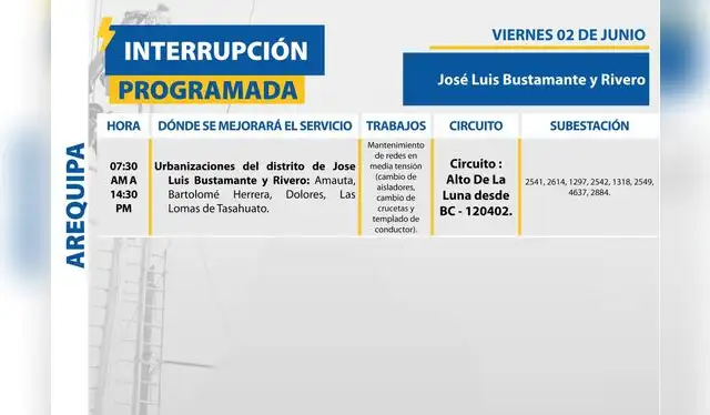 Comunicado de suspensión de servicio de luz eléctrico en Arequipa. Foto: SEAL Comunicado de suspensión de servicio de luz eléctrico en Arequipa. Foto: SEAL